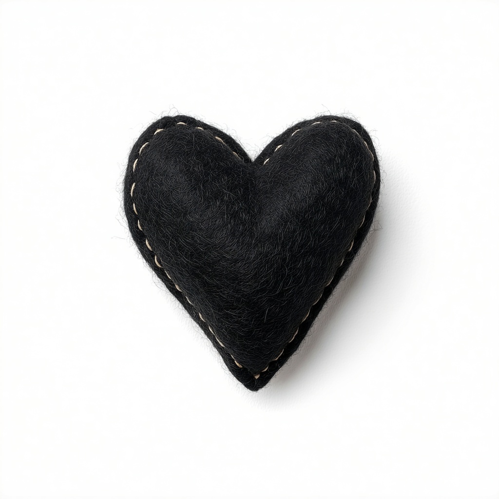 A birdseye view of a black felt stuffed heart placed gently on a clean white background The heart has a soft textured surface with visible stitching conveying warmth and handcrafted quality The composition is minimalist and balanced with soft natural-1 A birdseye view of a black felt stuffed heart placed gently on a clean white background The heart has a soft textured surface with visible stitching conveying warmth and handcrafted quality The composition is minimalist and balanced with soft natural-1