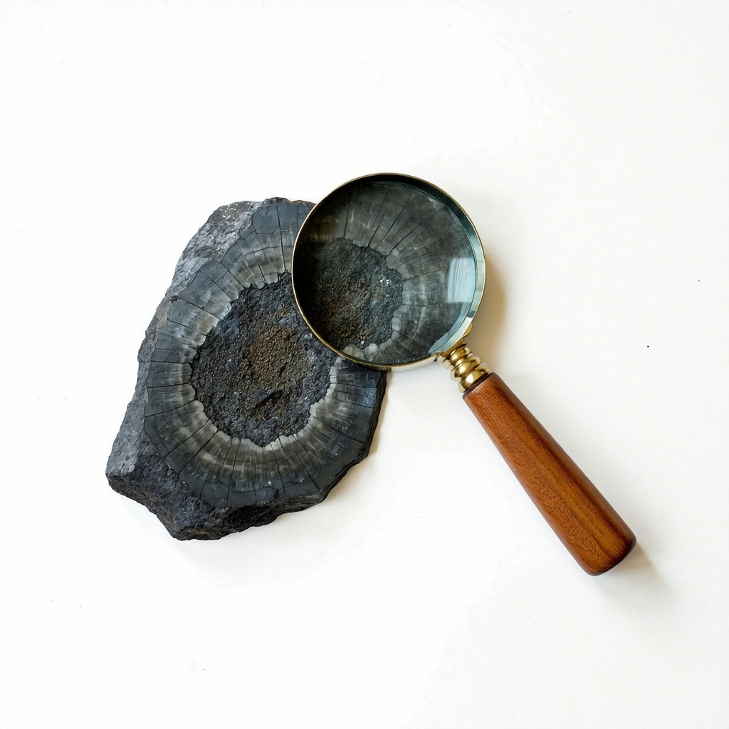A birdseye view of a magnifying glass and a black fossil arranged on a white background The fossil is textured and matte with one corner subtly crumbling into fine dust The magnifying glass has a simple elegant design with a wooden or brass handle Th A birdseye view of a magnifying glass and a black fossil arranged on a white background The fossil is textured and matte with one corner subtly crumbling into fine dust The magnifying glass has a simple elegant design with a wooden or brass handle Th
