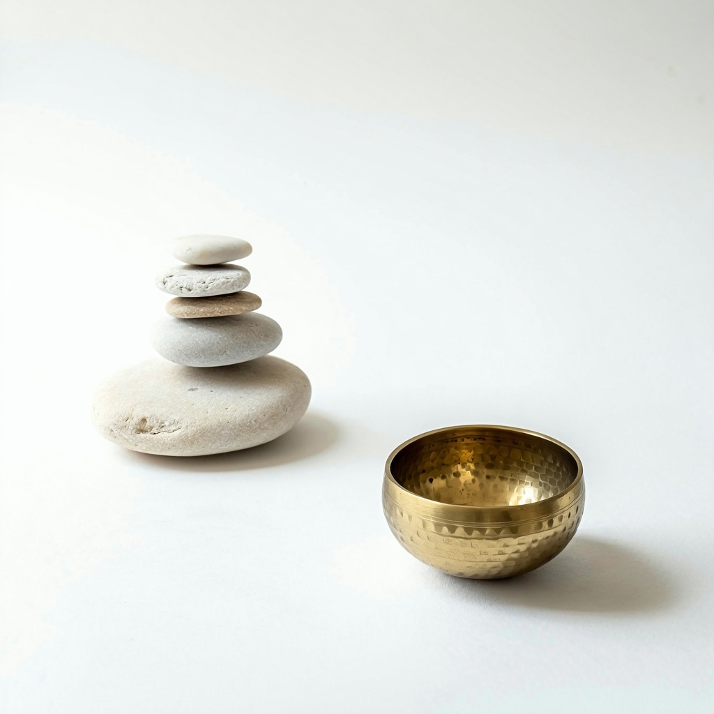 A birdseye view of a serene minimalist arrangement on a white background Centered is a small stone stack with smooth natural textures placed beside a brass singing bowl Each object is positioned with intentional spacing to evoke calm and balance Soft-1 A birdseye view of a serene minimalist arrangement on a white background Centered is a small stone stack with smooth natural textures placed beside a brass singing bowl Each object is positioned with intentional spacing to evoke calm and balance Soft-1