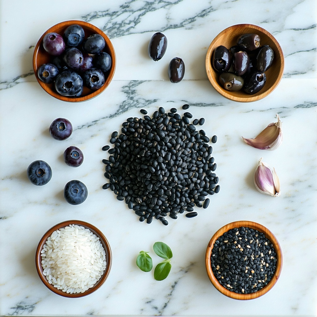 A birdseye view of an artistic arrangement of black foods laid flat on a white marble countertop Included are blackberries black olives black beans black rice black garlic and black sesame seeds presented in a small wooden bowl The foods are spaced t-1 A birdseye view of an artistic arrangement of black foods laid flat on a white marble countertop Included are blackberries black olives black beans black rice black garlic and black sesame seeds presented in a small wooden bowl The foods are spaced t-1