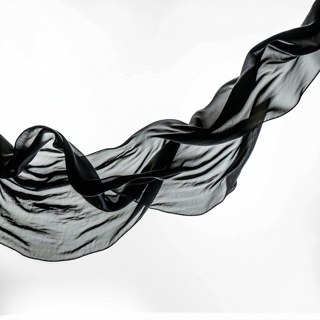 A birdseye view of one black semisheer scarf flowing gently across a white canvas background The scarf forms soft organic curves and folds suggesting quiet movement and rhythm Its semisheer texture allows subtle variations in tone and transparency ad
