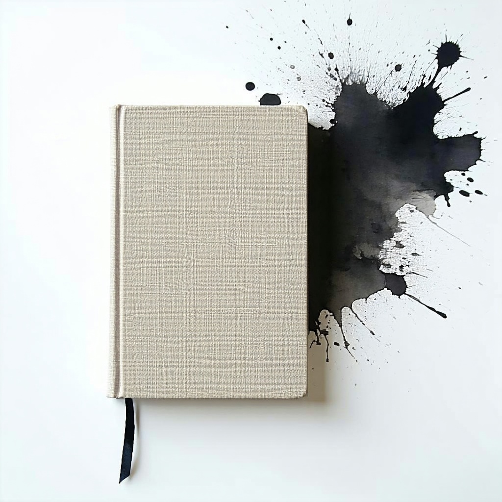 A single closed hardcover book with a linen or naturaltextured cover placed on a white background Behind it is a soft abstract black ink splashsubtle and expressive evoking modern art The composition is minimalist and balanced with soft natural light A single closed hardcover book with a linen or naturaltextured cover placed on a white background Behind it is a soft abstract black ink splashsubtle and expressive evoking modern art The composition is minimalist and balanced with soft natural light