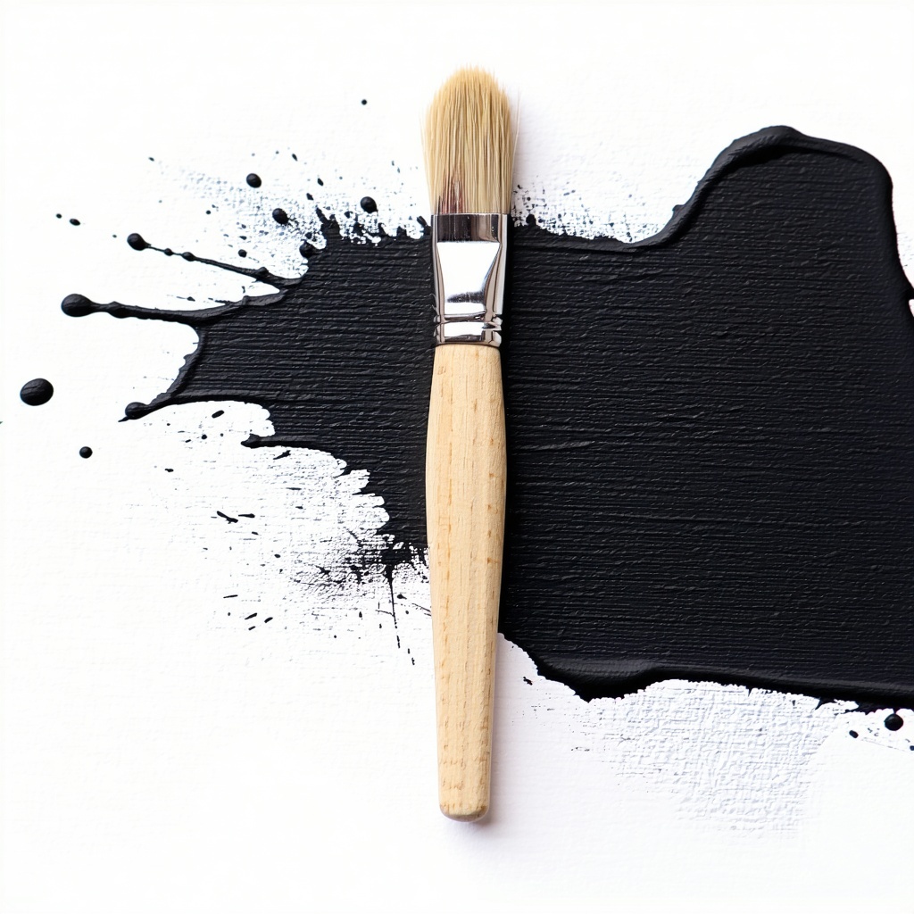 A single wooden paintbrush lying on a white background Behind the brush is an abstract black paint splash evoking a modern art aesthetic The brush has natural wood grain and soft bristles and the paint splash appears spontaneous and bold The composit-1 A single wooden paintbrush lying on a white background Behind the brush is an abstract black paint splash evoking a modern art aesthetic The brush has natural wood grain and soft bristles and the paint splash appears spontaneous and bold The composit-1