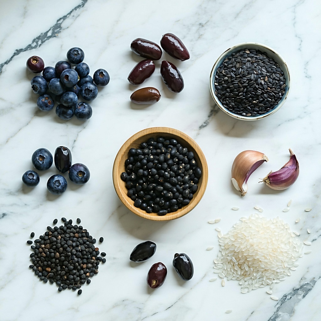 A birdseye view of an artistic arrangement of black foods laid flat on a white marble countertop Included are blackberries black olives black beans black rice black garlic and black sesame seeds presented in a small wooden bowl The foods are spaced t-3 A birdseye view of an artistic arrangement of black foods laid flat on a white marble countertop Included are blackberries black olives black beans black rice black garlic and black sesame seeds presented in a small wooden bowl The foods are spaced t-3